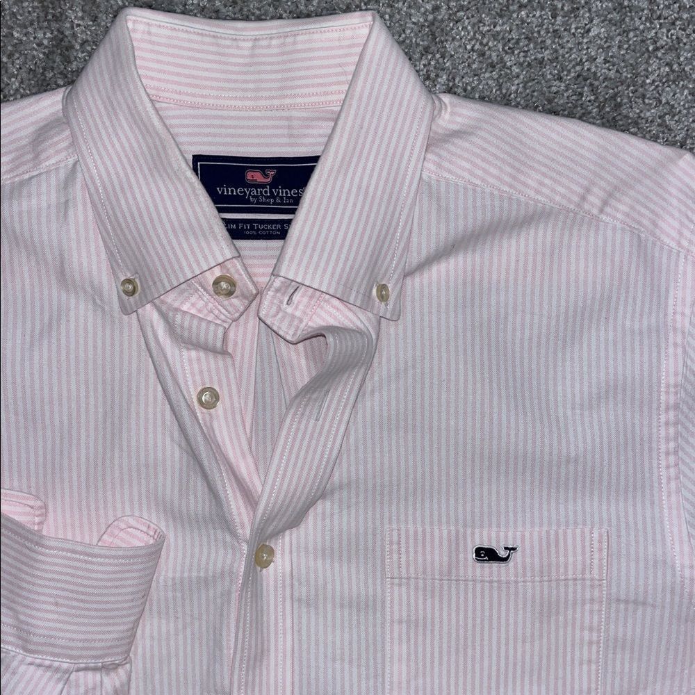 Mens Slim fit Tucker Pink White Stripe whale Vineyard Vines LS shirt w/stain L